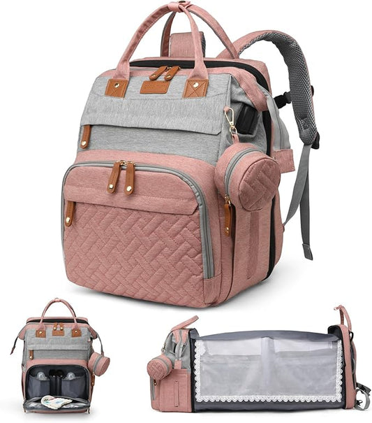 Diaper Bag Backpack, Multifunction Travel Baby Bag, Waterproof Tote Backpack with USB Port, Pacifier Case and Stroller Straps, Newborn Essentials for Moms Dads, Girls, Gray Pink