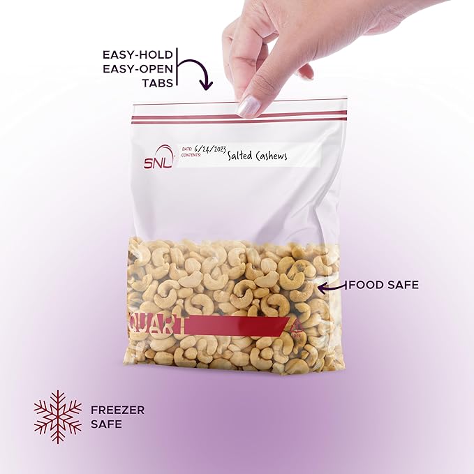 Quart Food Bags by SNL -200 Bags- Leak-Proof, Clear, Write-On Block, Reclosable, Disposable Storage Bags, Double Seal Zippers with Clicking Noise Zip Confirmation, Stand-Alone Gusset, Easy Dispensing