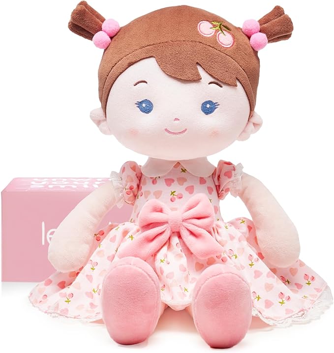 LeyaDoll Soft Baby Doll Toys (16''), My First Baby Rag Doll for 1 Year-Old Girl Birthday Gift,Christmas Plush Toys Gift for Toddler Kids Infants-Cherry