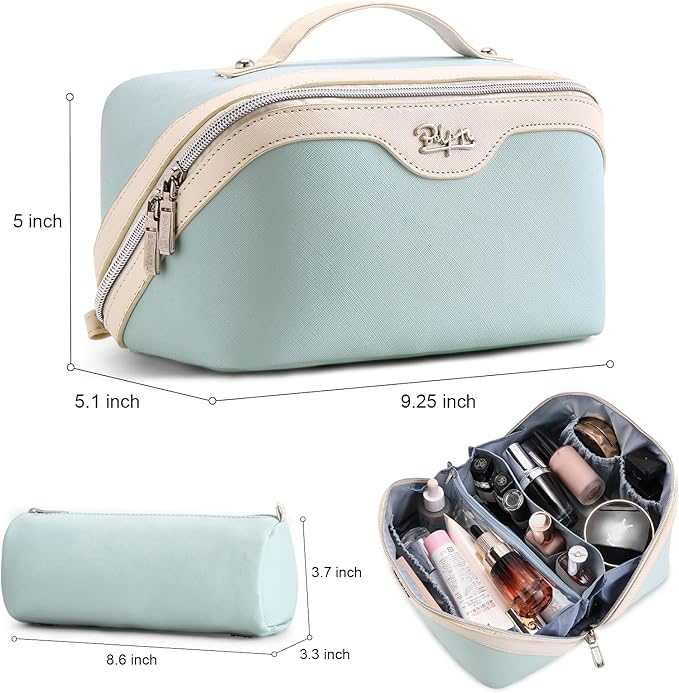 BOYATU Travel Makeup Bag Organizer Cosmetic Bag: 3 Pcs Set Make up Bags for Women with Handle - Waterproof Vegan Leather Toiletry Bags Travel Essentials Pouch with Compartments (A-06-Blue)