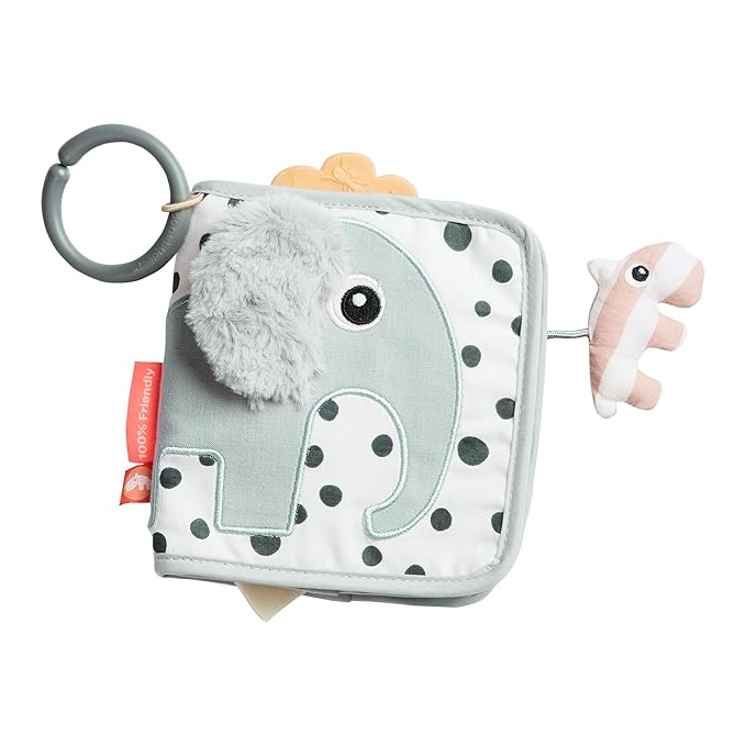 Done by Deer Elphee Grey Baby Activity Book - Soft and Safe Toy with Elephant and Contrasting Patterns, Mirror, Teether, and Crinkle Sounds for Sensory Stimulation and Exploration - Baby Crinkle Book