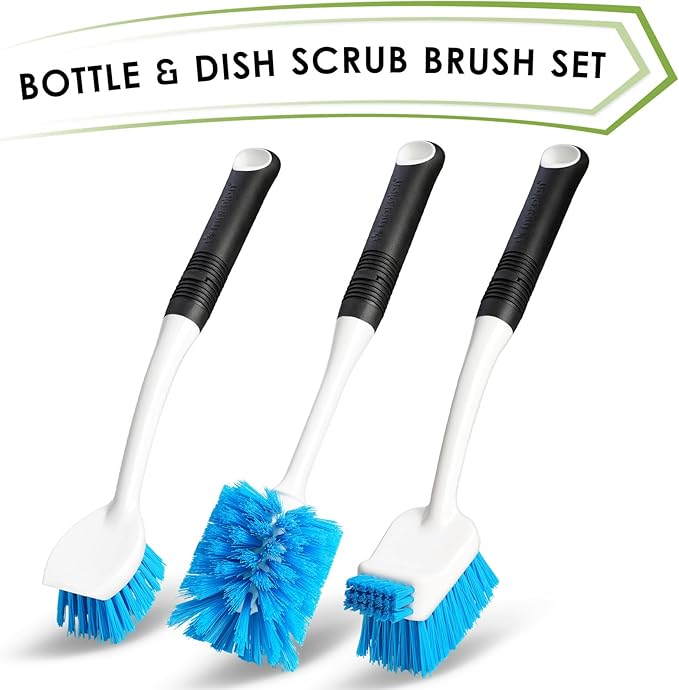 Dish Brush Set of 3 with Water Bottle Brush, Dish Scrub Brush and Scrubber Brush, Long Handle Kitchen Scrub Brushes for Dishes, Bottles, Cups, Pots, Pans and Sinks, Flat Head
