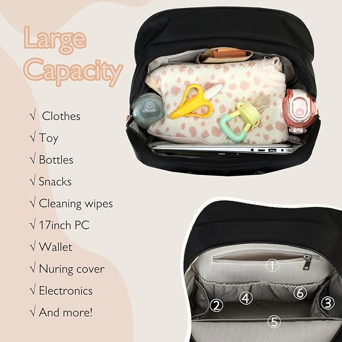 18 Pockets Large Diaper Bag Backpack with Waterproof Pockets and Stroller Buckle, Convertible Baby Bag (XL Black, Extra Large)