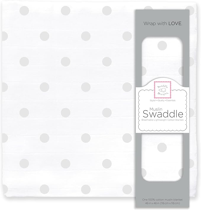 SwaddleDesigns Cotton Muslin Swaddle Blanket, Receiving Blanket for Baby Boys & Girls, Best Registry Gift, 46x46 inches, French Dots, Sterling