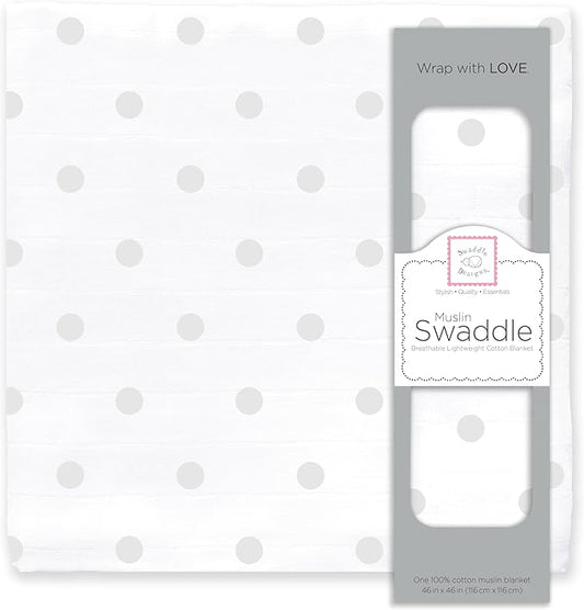 SwaddleDesigns Cotton Muslin Swaddle Blanket, Receiving Blanket for Baby Boys & Girls, Best Registry Gift, 46x46 inches, French Dots, Sterling