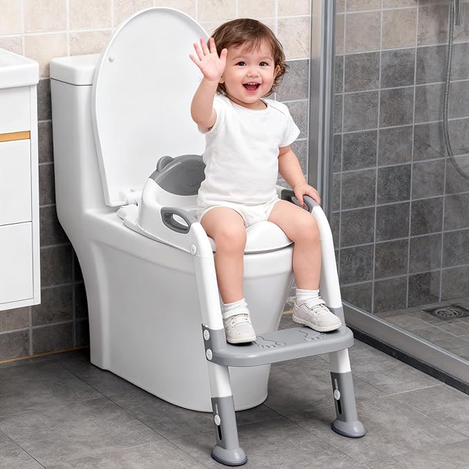 Potty Training Seat ，SKYROKU Potty Training Toilet with Step Stool Ladder, for Kids Boys Girls Toddlers - Comfortable Safe Potty Seat with Anti-Slip Pads Ladder （Grey）