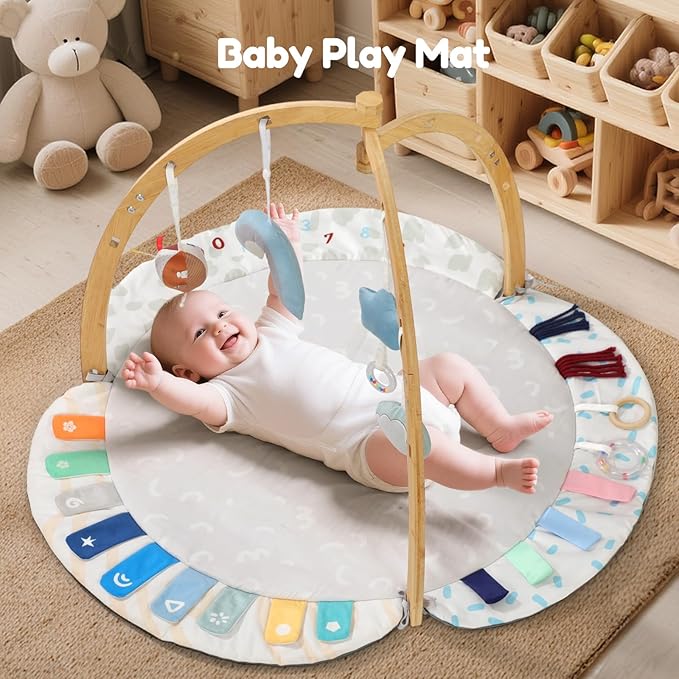 EXIN DECHEN Baby Play Gym & Activity Mat,Natural Organic Bamboo Frame with 4 Detachable Sensory Toys,Tummy Time Mat,Play Mat for Babies 0-6 Months,Newborn Play Mat,Baby Essentials Gifts