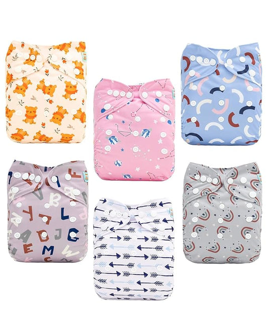 ALVABABY Baby Cloth Diapers 6 Pack with 12 Inserts Cloth Diaper Covers Adjustable Washable Reusable for Baby Girls and Boys 6DM123A
