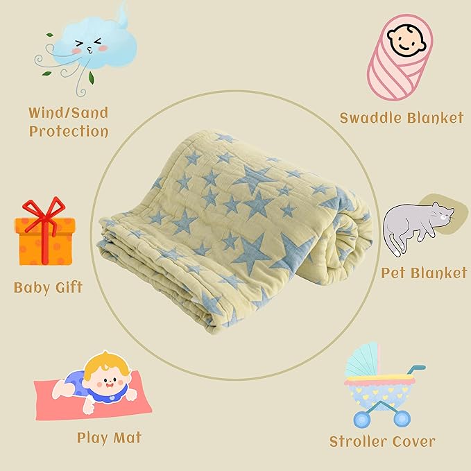 NTBAY 3 Layer Toddler Blanket, Muslin Cotton Jacquard Bed Blankets, Lightweight Thermal Baby Blanket, Super Soft and Warm Crib Blanket for All Seasons, Decoration Gift, 45"x60", Blue and Yellow Star