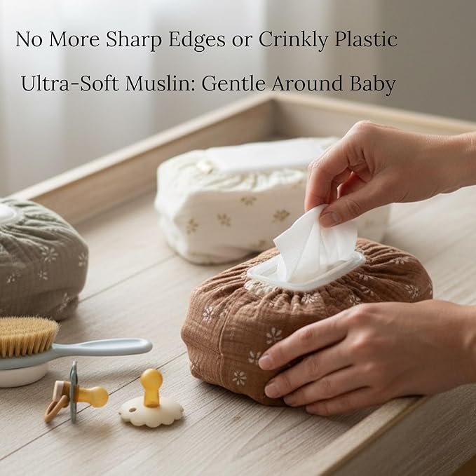 Baby Wipes Cover – Universal Size, One Size Fits All Wipes Packages | Muslin Cotton Tissue Cover for Nursery, Diaper Bag & Changing Table, Station | Gingham & Neutral Patterns (Caramel Daisy)