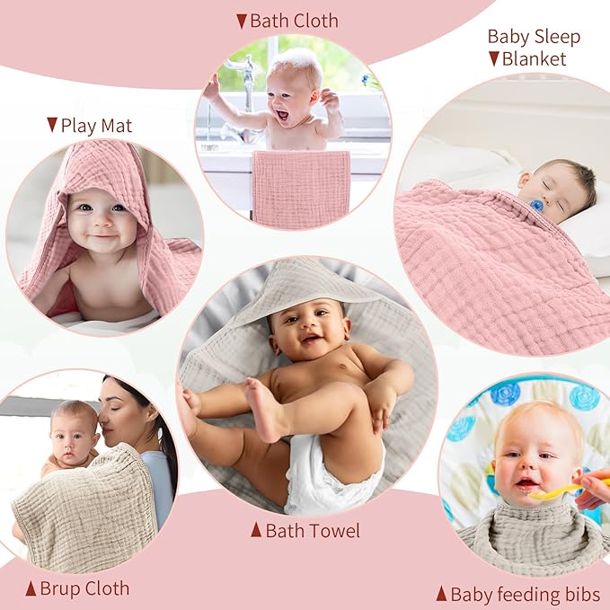 VitalCozy 6 Pcs Baby Muslin Hooded Bath Towels and Washcloths Muslin Cotton Hooded Baby Towels Absorbent Blankets for Gift Newborn Infant Shower (32 x 32 Inch,Dark Pink,Light Brown)