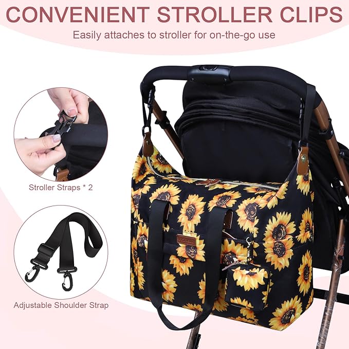 Diaper Bag Tote - Diaper Baby Bags with Pacifier Case, Shoulder Straps, Stroller Clips, Waterproof Large Mommy Maternity Travel Baby Bag for Mom and Dad, Sunflower, Medium