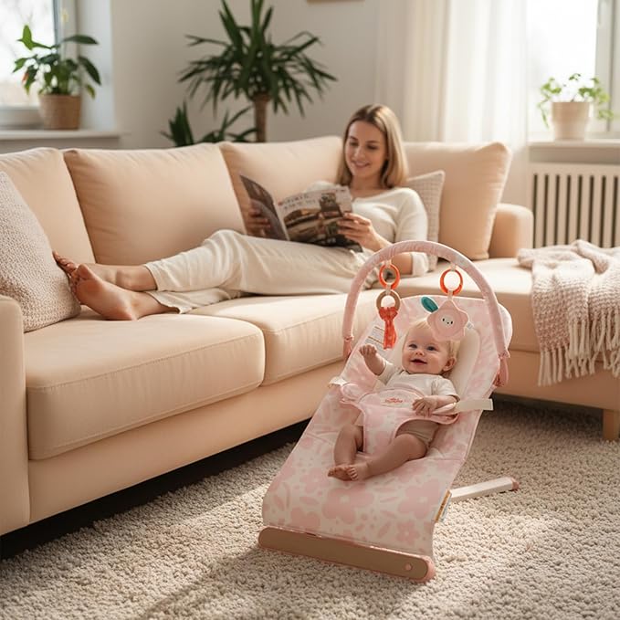 Tiny Marvels Baby Bouncer, 3-Point Harness Baby Bouncer Seat for Newborn Toddler, Portable Baby Rocking Chair with Sensory Toys and Music, Compact & Portable Baby Bouncers Chair (Pink Floral)