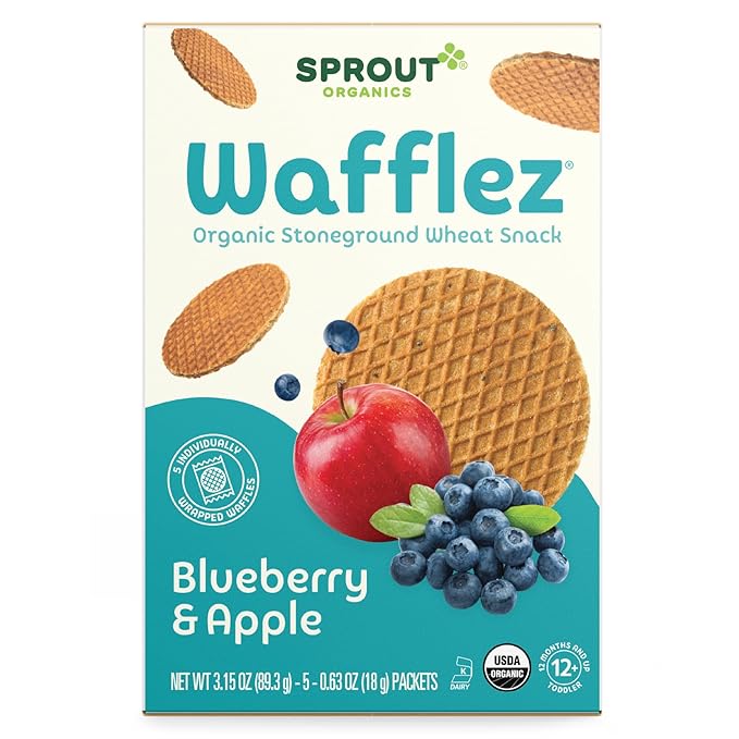 Sprout Organic Baby Food, Stage 4 Toddler Snacks, Blueberry Apple Wafflez, Single Serve Waffles 5 Count(Pack of 10)