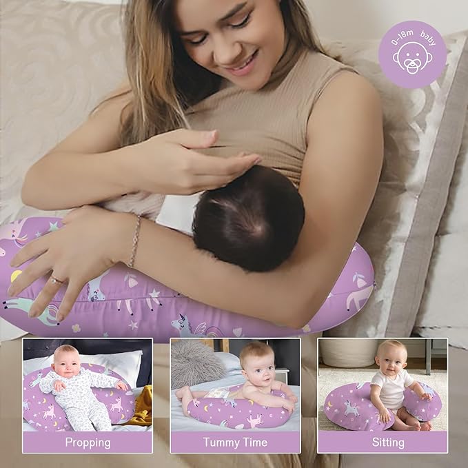 Little Grape Land Nursing Pillow for Infants, Breastfeeding Pillows, Baby Support Pillow for Nursing, Bottle Feeding, Tummy Time with Machine Washable Cover & Breathable Filling, Unicorn