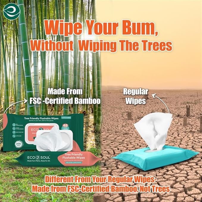 ECO SOUL Bamboo Flushable Extra-Large Adult Wipes-Unscented 192 Count |4 Pack of 48| Eco-Friendly Bamboo Wipes | 99% Purified Water, Hypoallergenic,Soft Wipes, BPA & Paraben free