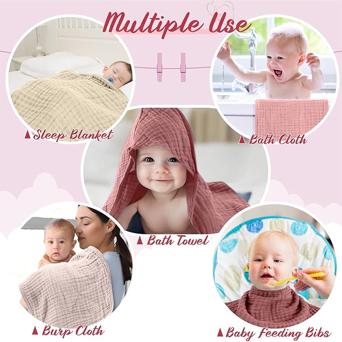 VitalCozy 8 Pcs Baby Muslin Hooded Bath Towels and Washcloths Muslin Cotton Hooded Baby Towels Absorbent Blankets for Gift Newborn Infant Shower (32 x 32 Inch,Elegant Color)