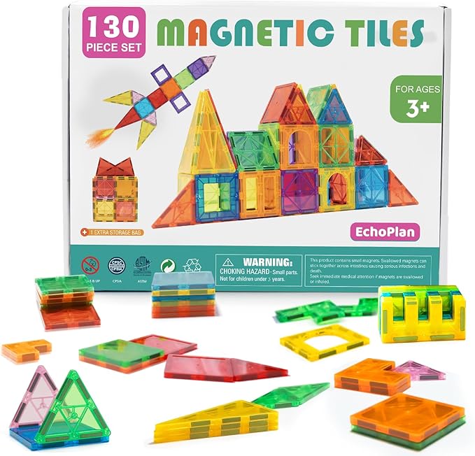 EchoPlan Magnetic Tiles,Deluxe 130 PCS Magnetic Blocks with 2 Cars,Magnet Tiles Building Blocks Set,STEM Preschool Sensory Educational Toys Gifts for Toddlers Kids Boys 3 4 5 6 7 8 9+ Year Old