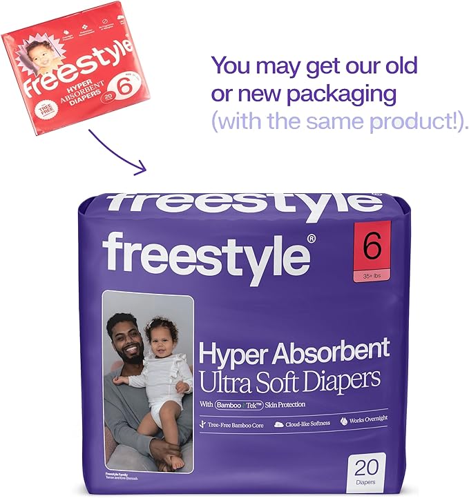Freestyle BambooTek Diapers – (Size 6) Hyper Absorbent & Non-Toxic – Disposable Diapers for Sensitive Skin – Ultra Soft Diapers (35+ lbs) – 120 Count