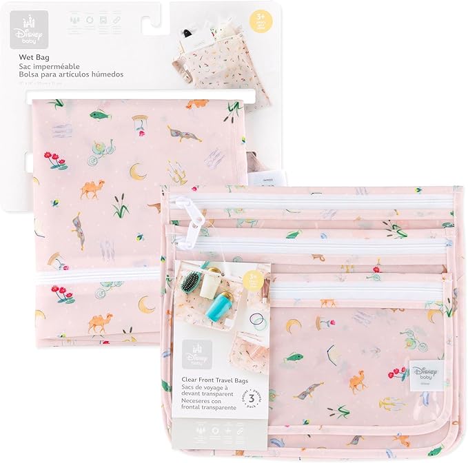 Bumkins - Waterproof Wet Bag & Clear Travel Bags - For Beach, Baby, Travel, Swim Suit, Cloth Diapers, Pump Parts, Pool, Gym, Toiletries - Reusable & Easy to Clean - Disney Princess Pink - 4 Pack