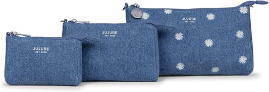 JuJuBe 3-Piece Pouch Set Diaper Bag Organizing Pouches, Perfect for Travel, On The Go, Zipper Cosmetic Makeup Bag or Diaper and Wipes Storage Pouch, Large, Medium, & Small, Denim & Daisies (Blue)