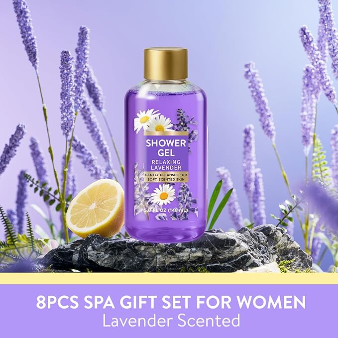 Gifts for Women, 8 piece Lavender Gift Sets for Women with Bubble Bath, Relaxing Spa Gifts for Wife, girlfriend and Mom, Bath Gift Baskets Set with Body Scrub, Body Lotion, Hand Cream and Soap