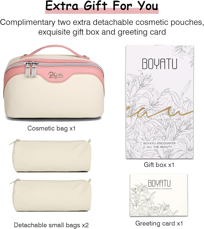 BOYATU Travel Makeup Bag Organizer Cosmetic Bag: 3 Pcs Set Make up Bags for Women with Handle - Waterproof Vegan Leather Toiletry Bags Travel Essentials Pouch with Compartments (D-02-White)