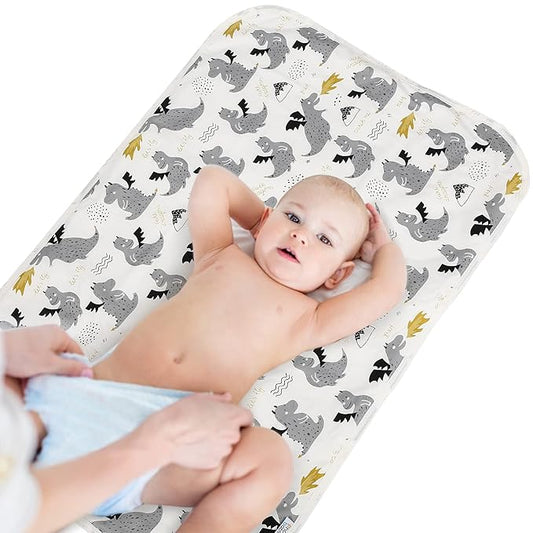 Baby Diaper Changing Pad, 21 5/8" x 31.5" Waterproof Changing Pad Liners - Reusable Soft and Absorbent Portable Changing Mat(Grey Dinosaur1PCS)