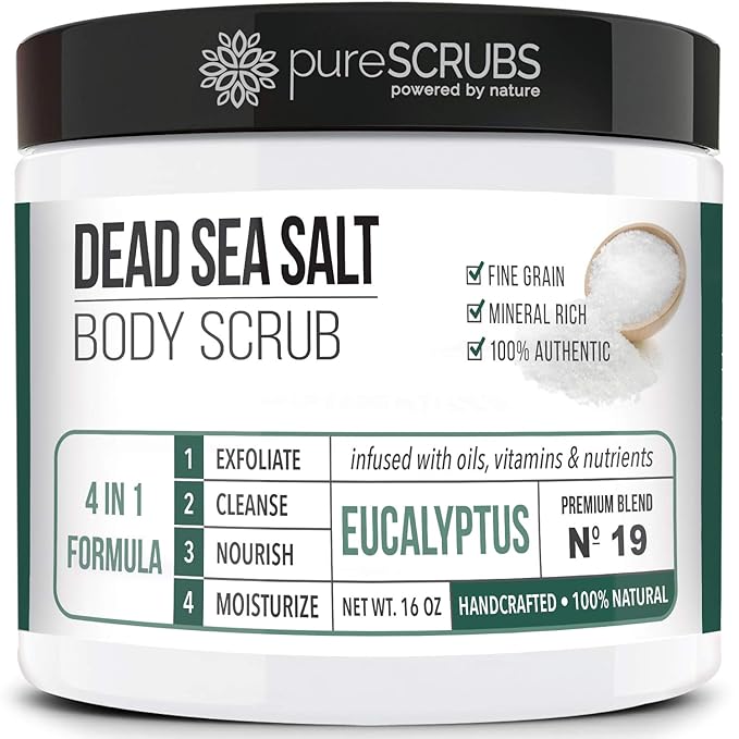 pureSCRUBS Premium Eucalyptus Body Scrub Set - Large 16oz Dead Sea Salt Body Scrub With Infused Essential Oils & Nutrients, Includes Wooden Spoon, Loofah & Oatmeal Exfoliating Bar Soap