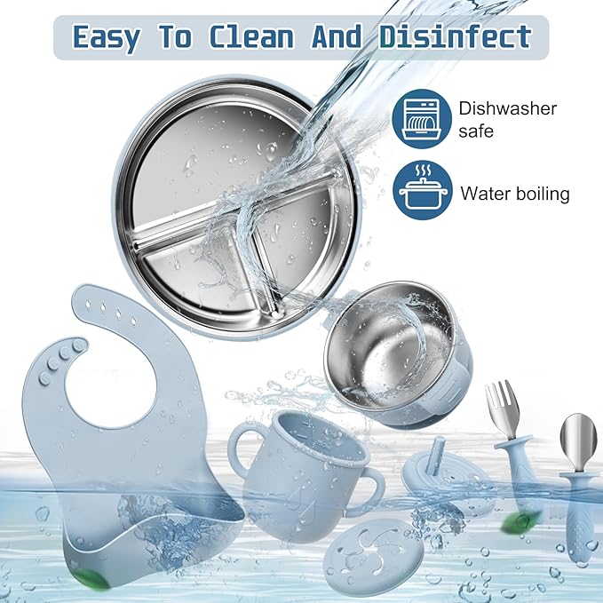 Stainless Steel Kids Plates and Bowls Set with Suction, Divided Baby Plate and Toddler Bowl with Removable Silicone Suction,Stainless Steel Weaning Bundle, Silicone Baby Feeding Set (Blue)