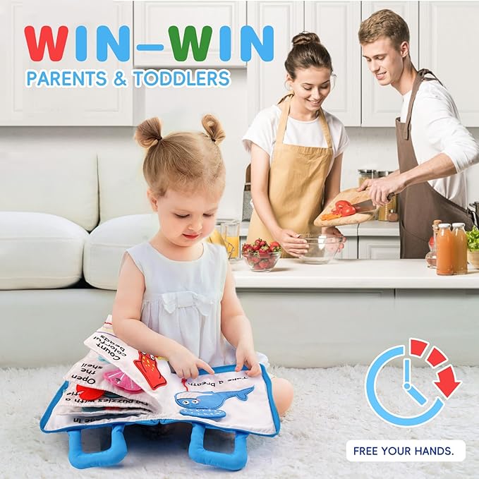 Jollybaby Quiet Book for Toddlers - Montessori Basic Skills Activity Toys - Preschool Learning Soft Travel Toy & Sensory Educational Busy Book for 1-3 Year Old Boys & Girls + Zipper Bag(Wathet)