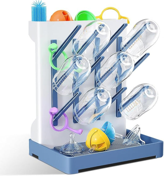 Baby Bottle Drying Rack: Vertical Space Saving Large Bottles Holder - Standing Boon Dryer Rack Baby Accessory - Countertop Holds Up to 12 Bottles & Pump Part Cleaning & Cup (Blue) (Blue)