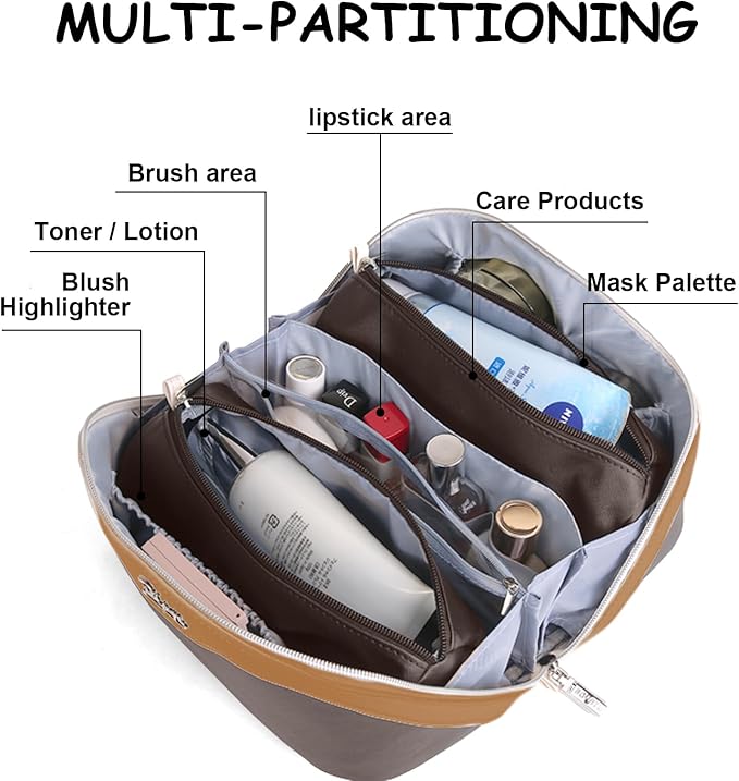 BOYATU Travel Makeup Bag Organizer Cosmetic Bag: 3 Pcs Set Make up Bags for Women with Handle - Waterproof Vegan Leather Toiletry Bags Travel Essentials Pouch with Compartments (D-01-Brown)