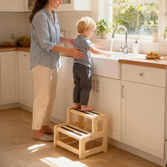Toddler Step Stool, 2-Step Wooden Stool for Kids with Handles, Non-Slip Potty Training Seat for Bathroom Sink, Kitchen & Bedroom, Adjustable Height Child Step Stool for Ages 2+ (Natural Wood)