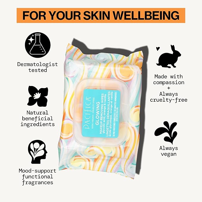 Pacifica Beauty | Glowing Makeup Remover Wipes | Gycolic Acid, Coconut Water, Aloe Infused | Daily Cleansing + Exfoliating | Clean Skin Care | Plant Fiber Facial Towelettes | 4 Count | Vegan