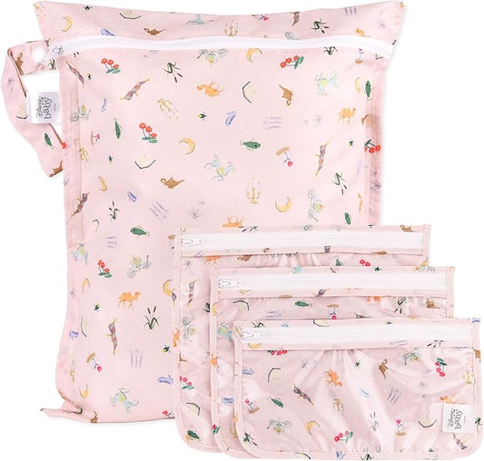 Bumkins - Waterproof Wet Bag & Clear Travel Bags - For Beach, Baby, Travel, Swim Suit, Cloth Diapers, Pump Parts, Pool, Gym, Toiletries - Reusable & Easy to Clean - Disney Princess Pink - 4 Pack