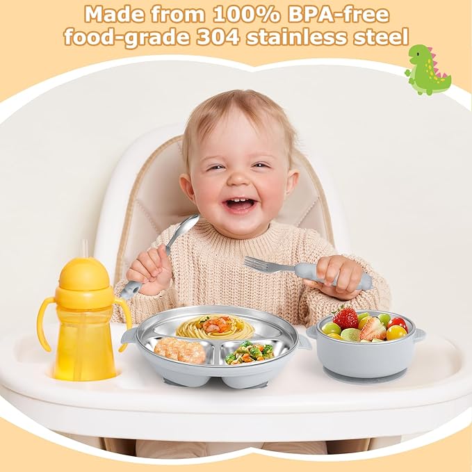 Stainless Steel Baby Plates with Suction, Toddler Plates with Removable Silicone Shell for Kids, Non-Slip Toddler Baby Feeding Set, Forks + Spoons Included-Gray