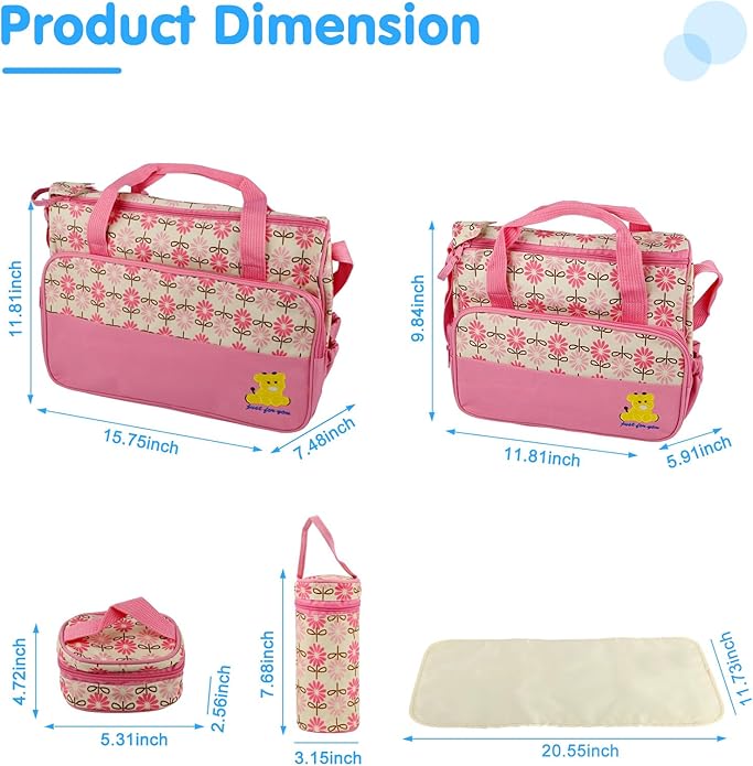 5PCS Diaper Bag Totes Set, Large Diaper Tote, Waterproof Maternity Bags, Cute Baby Diaper Organizer with Bottle & Food Bag