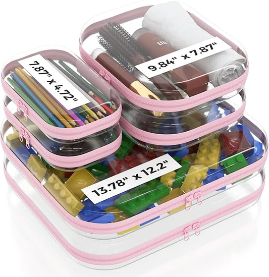 Extra Large 13.7" Durable Clear Hard Zipper Case 6 Pack, 2x Large, 2x Medium, 2x Small, Clear Travel Makeup Bag, Hard Plastic Travel Toiletry Bag for Women, Toy & Make Up Organizer Pouch