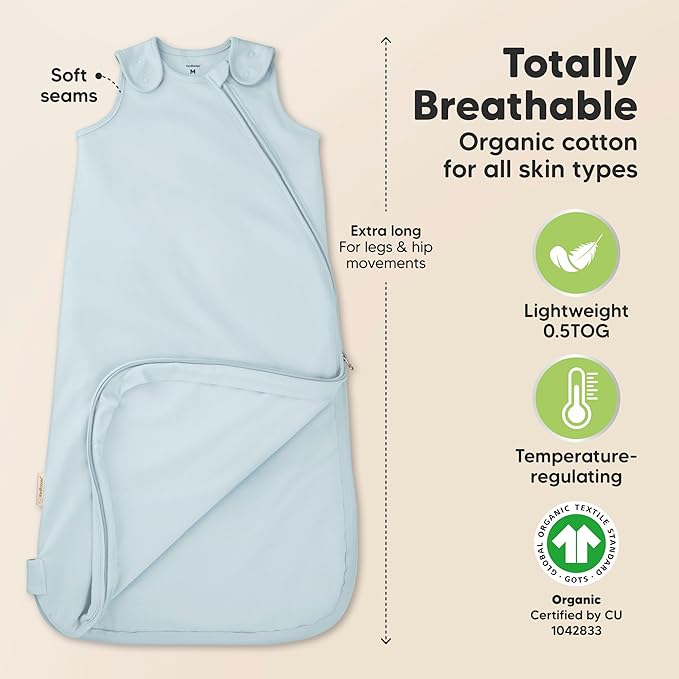 2-Pack Organic Baby Sleep Sacks, 100% Cotton - Soft & Breathable 0.5TOG Baby Wearable Blanket, Toddler Sleeping Sack 0-6 months, Easy to Wear Transitional Swaddles for Newborns, Infants (Glacier, S)