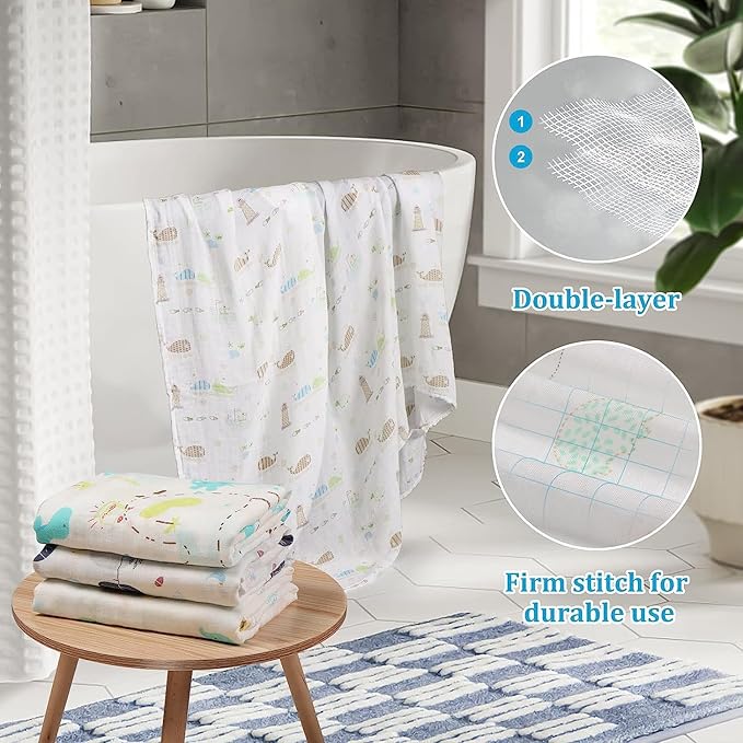 Viviland Muslin Baby Swaddle Blankets, Soft Nursery Swaddle for Newborn Boys and Girls, Gender Neutral Receiving Blankets for Infants, Fox & Whale Pattern, 47 * 47 inches 4 Pack