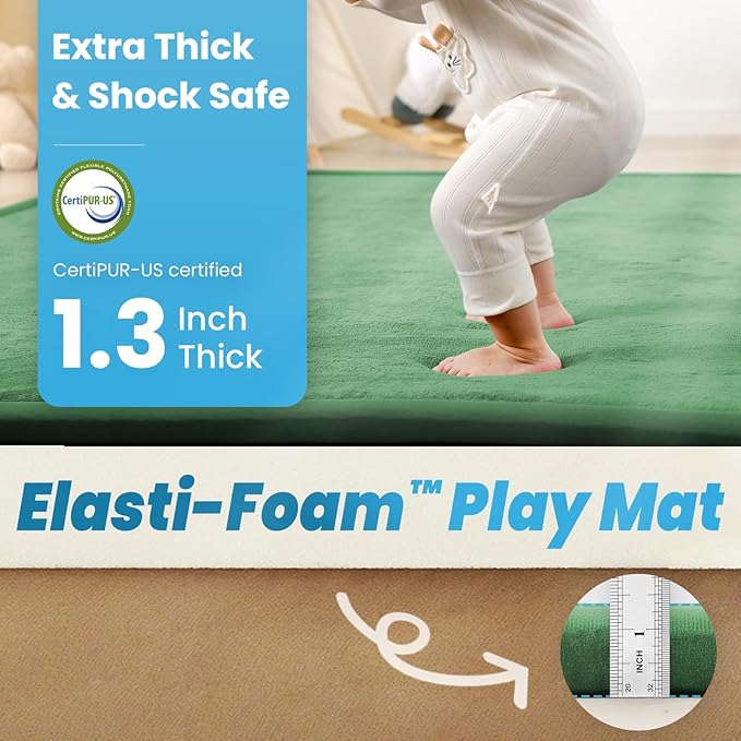 1.3" Thick Baby Play Mat for Floor, 79x118 Large Foam Tummy Time Mat, Padded Support Soft Plush Nursery Rug for Infant Kids Toddler Crawling Kick Activity (Emerald)