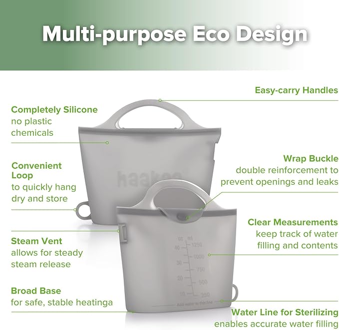 Haakaa On-The-Go Silicone Microwave Steam Sterilizer Bags for Travel, 40oz/1250ml Reusable Silicone Steaming Bags for Baby Bottles, Breast Pump, Accessories, Pacifiers, Teethers, Grey/2PCS