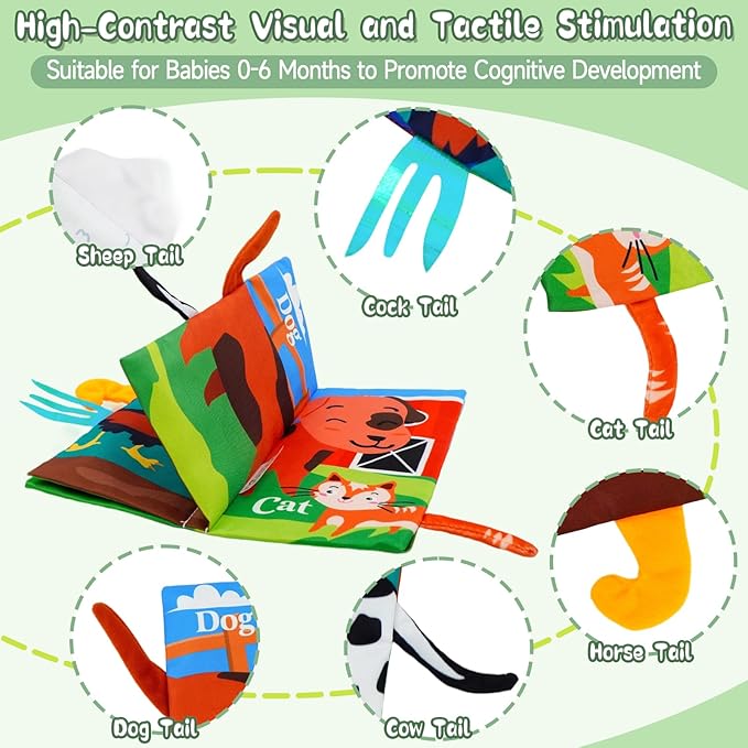 Baby Books Toys 0-12 Months with Teether,Tummy Time Crinkle Sensory Toys,High Contrast Touch & Feel Soft Book, Early Learning Infant Toys,Shower Gift for Boys Girls (Farm Animals)