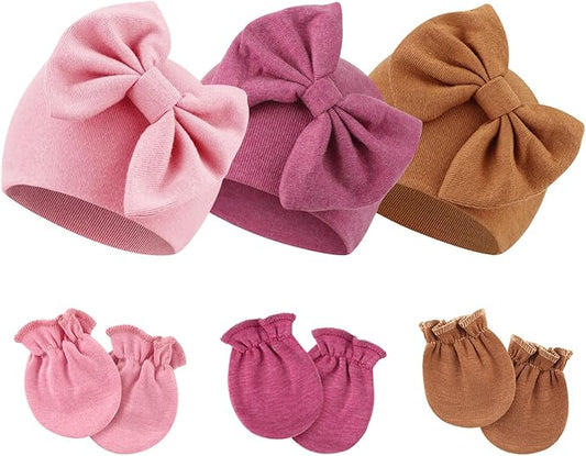 BQUBO Newborn Girls Hats Baby Hat and Mittens Set Infant Caps Bow Hospital Beanie with No Scratch Mittens for Baby Boys Girls