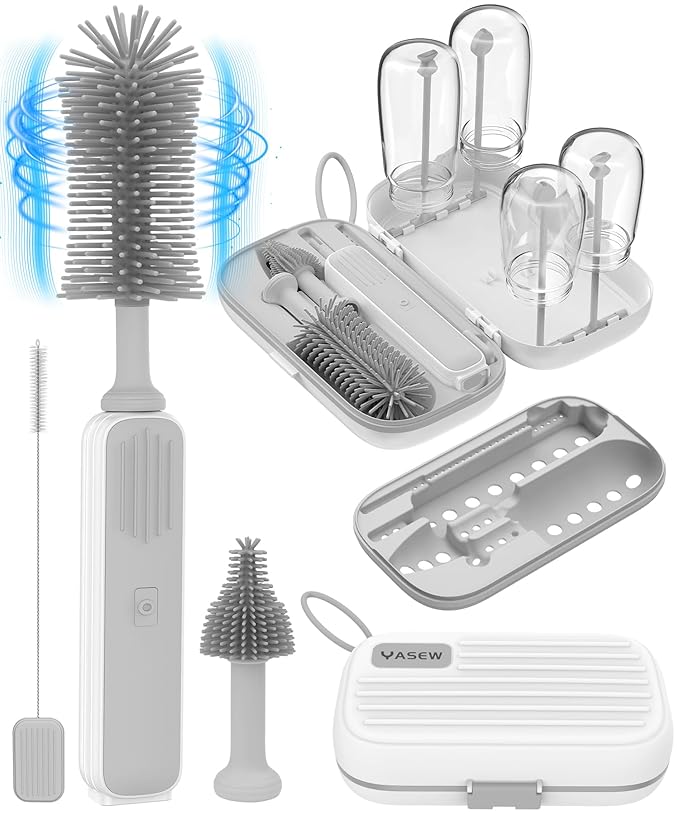 Electric Baby Bottle Brush Cleaner - Baby Bottle Brush Travel Essential, Safe BPA-Free Silicone, One Button 360° Efficient Cleaning, Long-Lasting 2000 mAh Battery, Storage Box for Travel (Grey)