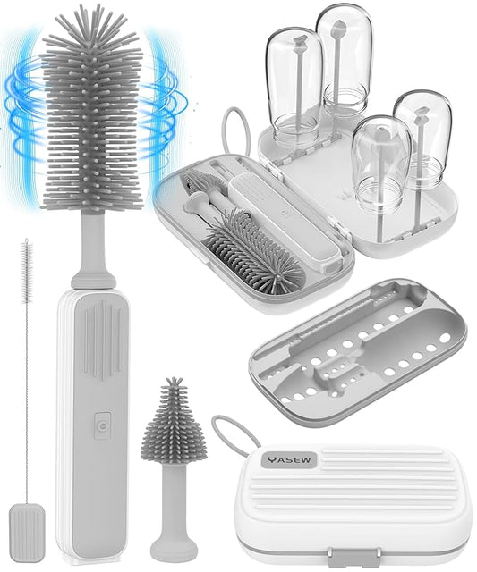 Electric Baby Bottle Brush Cleaner - Baby Bottle Brush Travel Essential, Safe BPA-Free Silicone, One Button 360° Efficient Cleaning, Long-Lasting 2000 mAh Battery, Storage Box for Travel (Grey)