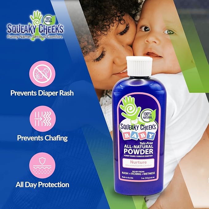 Squeaky Cheeks Baby Powder (5oz) | Organic | Unscented Talc-Free and All Natural Powder | Effective Relief from Rash Wetness and Itching | Also Ideal for Adults