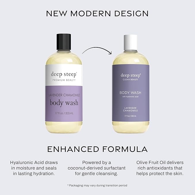 Deep Steep Body Wash, Lavender Chamomile, 17 oz – Hydrating Shower Gel with Hyaluronic Acid, Shea Butter, Aloe Vera & Argan Oil – Vegan, Clean Beauty, Clean & Refreshed Skin