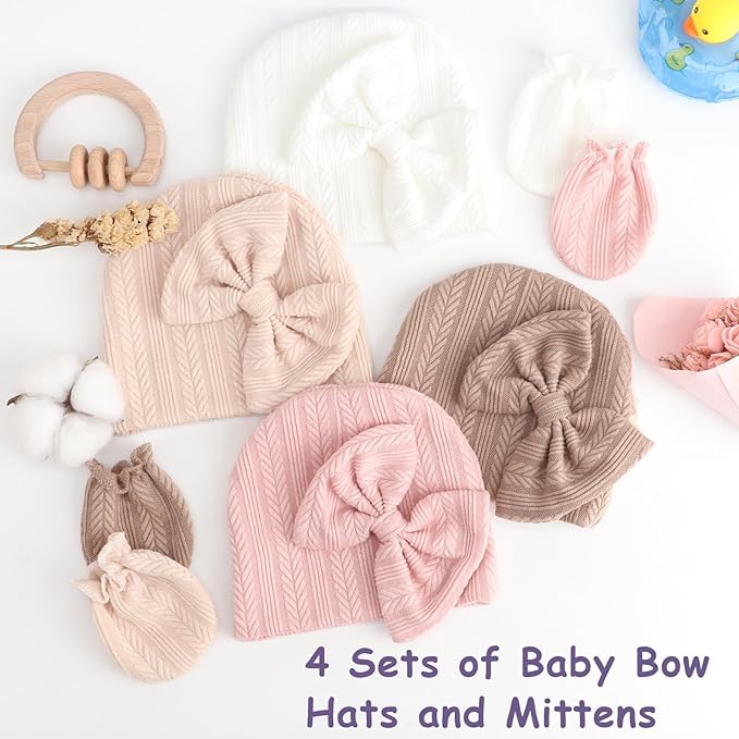 Newborn Baby Hats and Mittens Set Infant Bow Beanie Cap Toddler Gloves Newborn Hospital Hats for Baby Boy Girl 0-6 Months